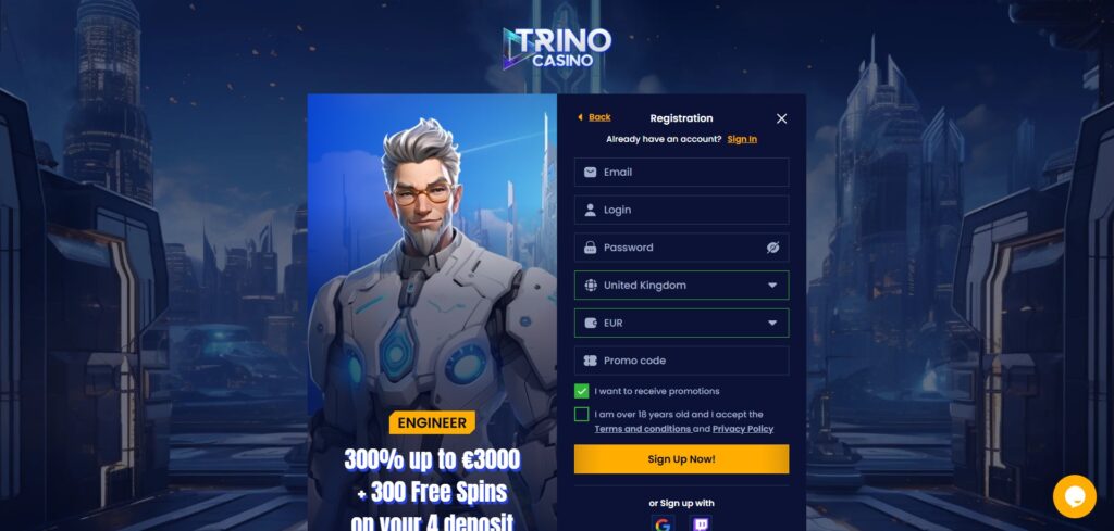 Check out Trino Casino registration page