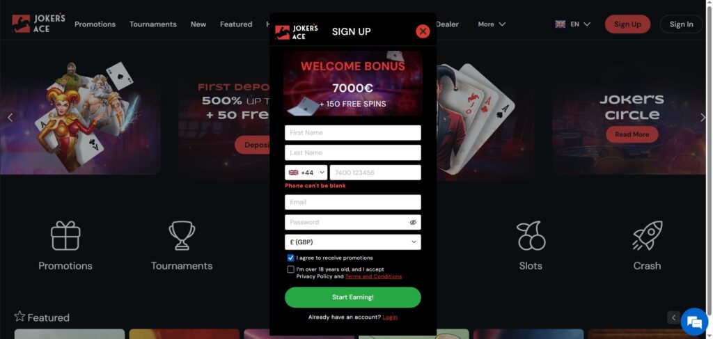 Discover Joker’s Ace Casino sign up page