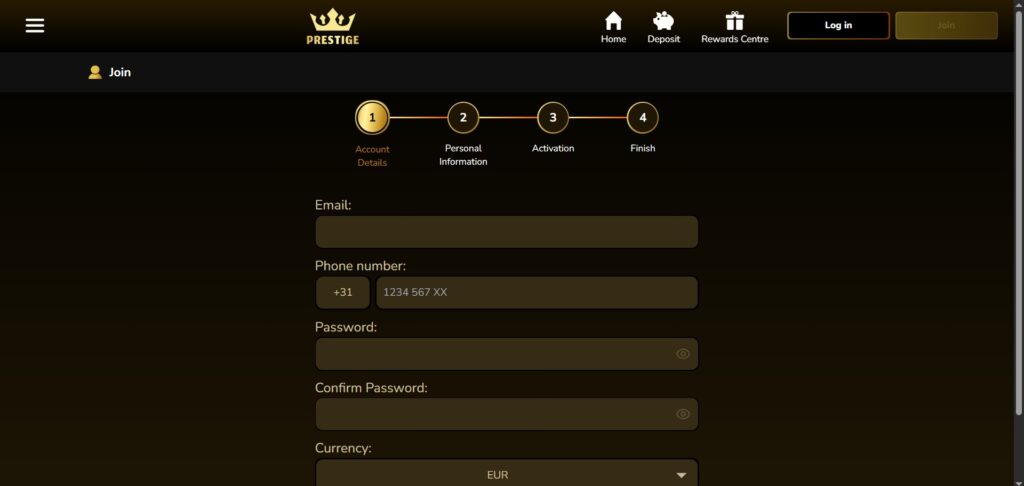 Learn Prestige Casino register page
