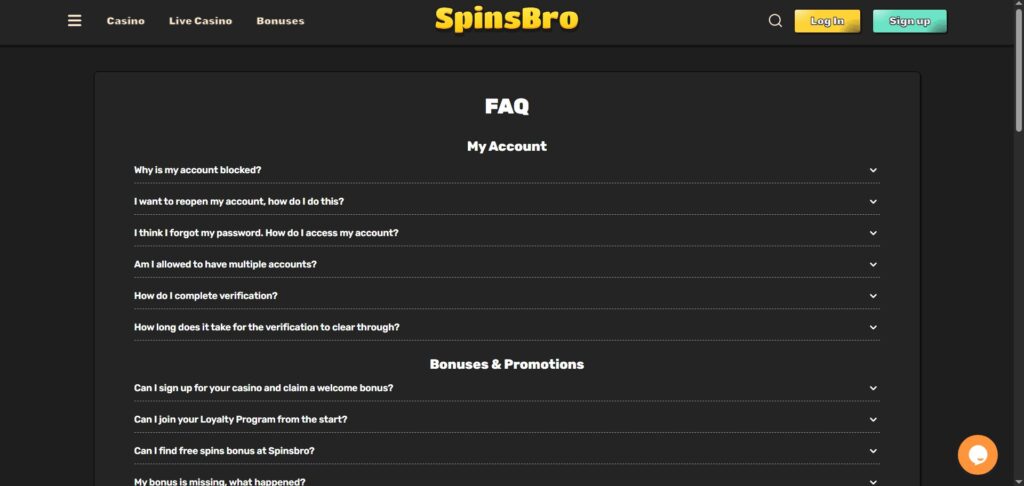 Learn SpinsBro Casino FAQ page