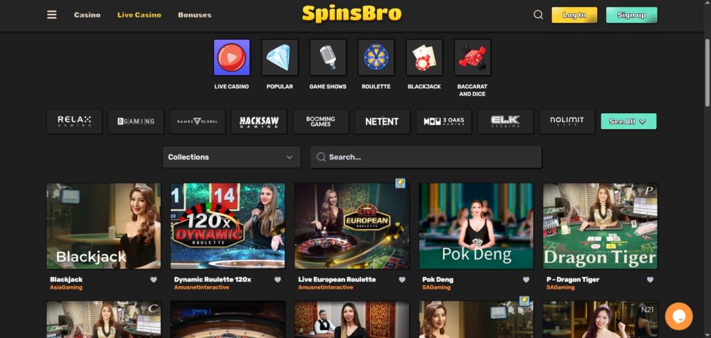 Discover SpinsBro Casino live games page