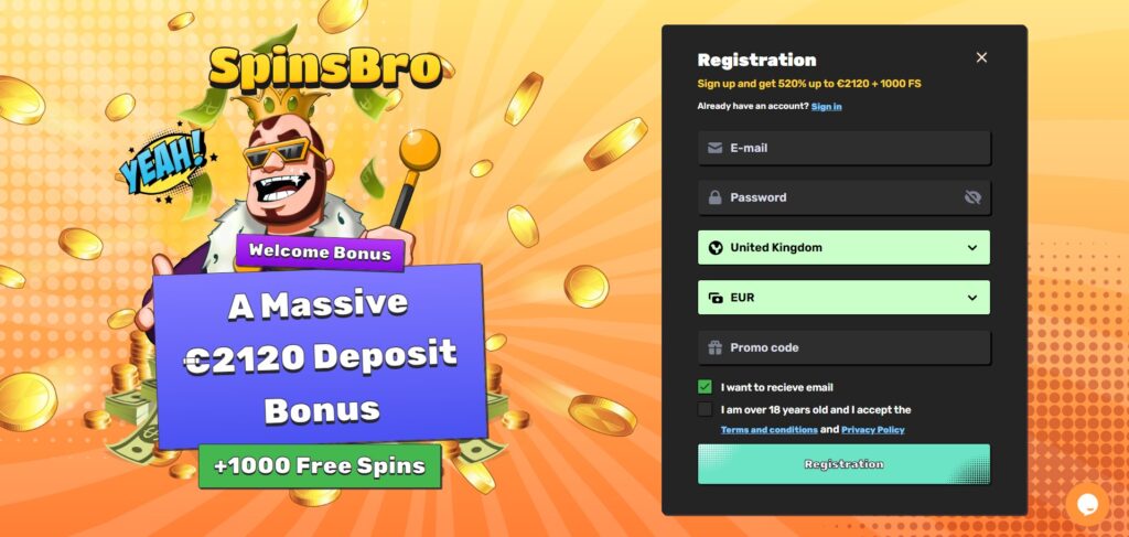 Learn SpinsBro Casino sign up page