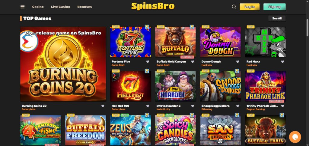 Discover SpinsBro Casino top games page